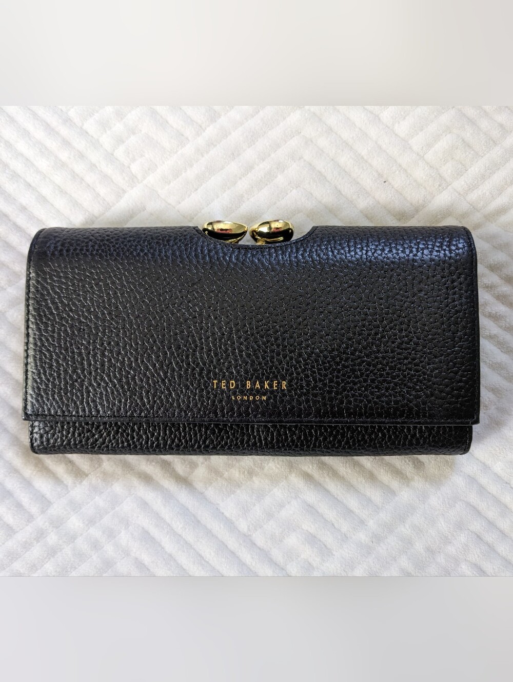 Ted Baker London Crystal Bobble Clasp Black Pebbled Leather Wallet Clutch